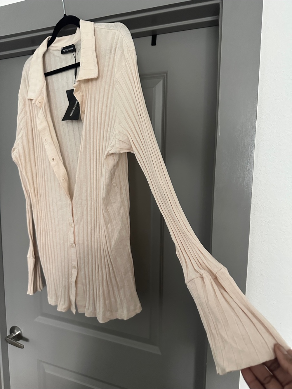 PrettyLittleThing | Ribbed Button-Up Shirt - Cream - Picture 3 of 6